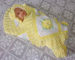 Baby Blanket Crochet Girl Yellow/White 3Dflower For Bassinet Or Carrier/Carseat & Matching Hat Perfect For Shower Coming Home Gift - thumbnail 1