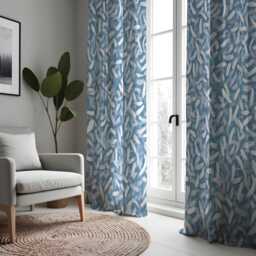 Blue Botanical Curtains With Abstract Leaf Design, Contemporary Window Drapes, Made To Measure Panels For Home Decor - thumbnail 4