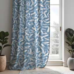 Blue Botanical Curtains With Abstract Leaf Design, Contemporary Window Drapes, Made To Measure Panels For Home Decor - thumbnail 1