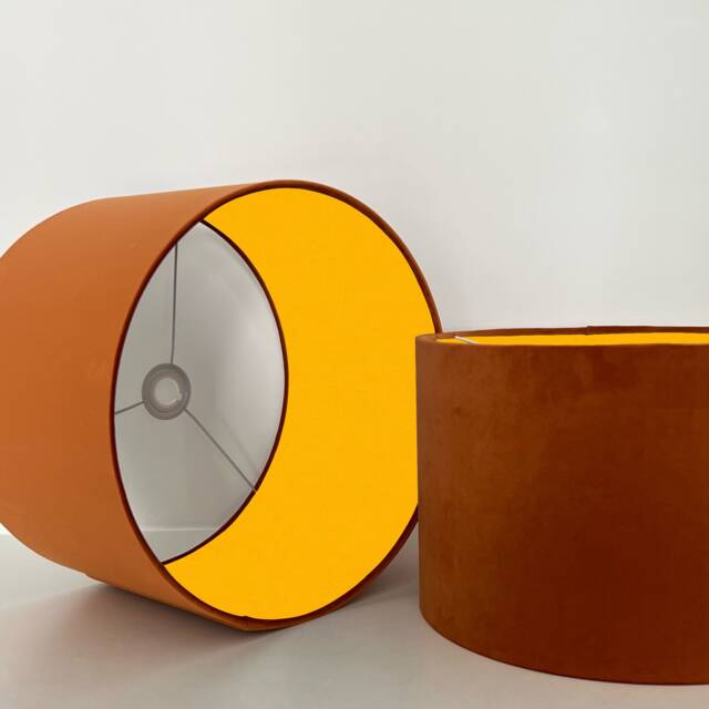 Burnt Orange Velvet Drum Lampshade, Double Sided Lampshade With Sunny Yellow Cotton Interior - image 1