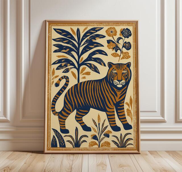 Bold Tiger Wall Art Print, Modern Jungle Poster, Vintage Folk Style Animal Illustration, Bohemian Home Decor in Navy & Gold - image 1