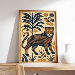 Bold Tiger Wall Art Print, Modern Jungle Poster, Vintage Folk Style Animal Illustration, Bohemian Home Decor in Navy & Gold - thumbnail 2