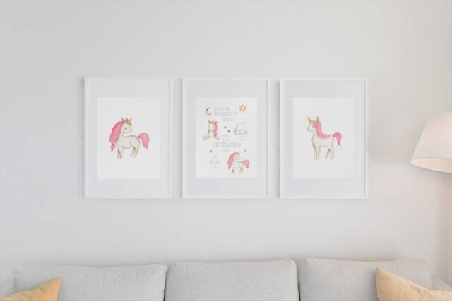 Personalized Unicorn Nursery Prints Baby Birth Details, Set Of 3 - image 1