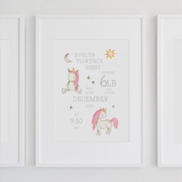 Personalized Unicorn Nursery Prints Baby Birth Details, Set Of 3 - thumbnail 2