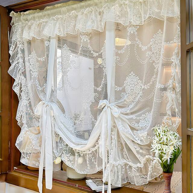 Embroidered Sheer Curtain Romantic Lace Tie-Up With Scalloped Edges - image 1