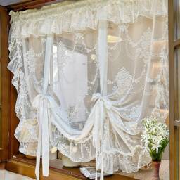 Embroidered Sheer Curtain Romantic Lace Tie-Up With Scalloped Edges