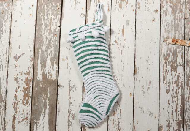 Green & White - Lush & Fluffy Vintage Chenille Christmas Stocking Pom Pom, Flower - image 1