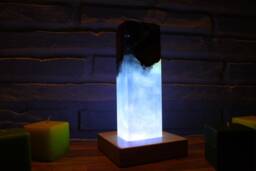 Glacier Turquoise Resin Lamp, Olive Wood Bedside Decor, Minimalist Ambient Light