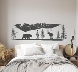Forest Animals Wall Decal Bear, Deer, Pine Tree Landscape Vinyl Sticker Lw18