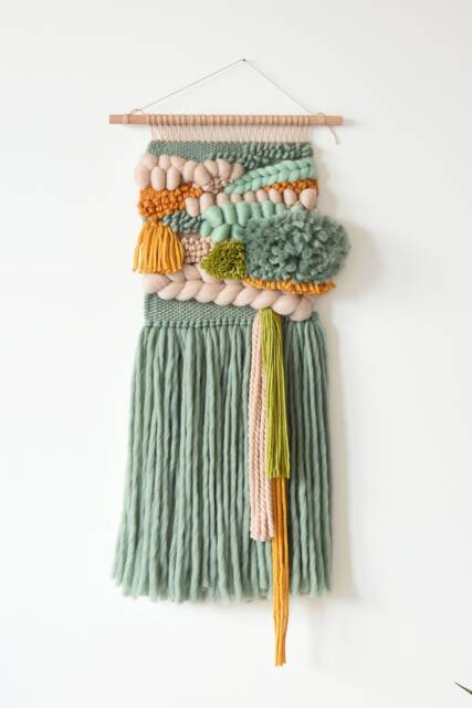 Handwoven Wool Tapestry, Green Rustic Wall Art, Neutral Boho Hanging, Handmade Decor, Farmhouse Textile Unique Gift - image 1