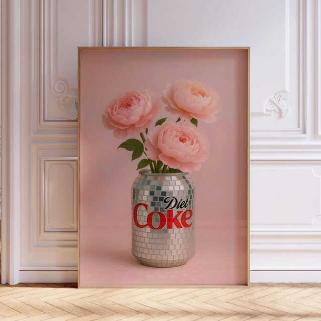 Pink Peony Pop Art Print Disco Ball Diet Coke Vase