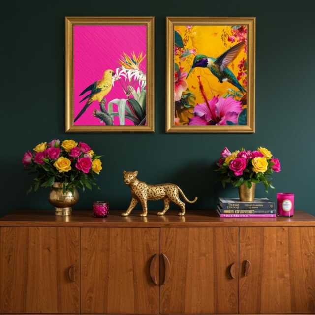 Tropical Maximalist Bird Print Set Of 2 - Hummingbird & Parrot Wall Art Hot Pink & Yellow Jungle Decor Bold Colourful Exotic - image 1