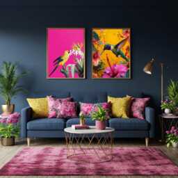 Tropical Maximalist Bird Print Set Of 2 - Hummingbird & Parrot Wall Art Hot Pink & Yellow Jungle Decor Bold Colourful Exotic - thumbnail 2