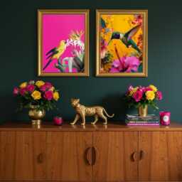 Tropical Maximalist Bird Print Set Of 2 - Hummingbird & Parrot Wall Art Hot Pink & Yellow Jungle Decor Bold Colourful Exotic - thumbnail 1