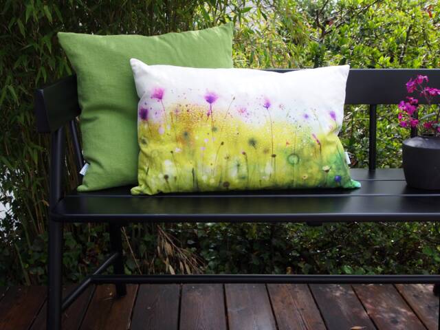 Meadow Flowers Watercolor Cushion, Cushion Cover 40 X 60 cm Made Of Cotton, Green, Purple, Decorative Cushions, Garden Floral - image 1