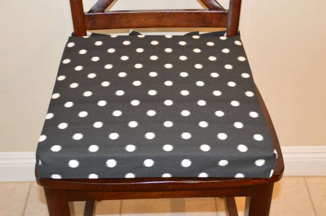 Custom Chair Seat Cushion Black Ikat Polka Dot Fabric, Ties - image 1