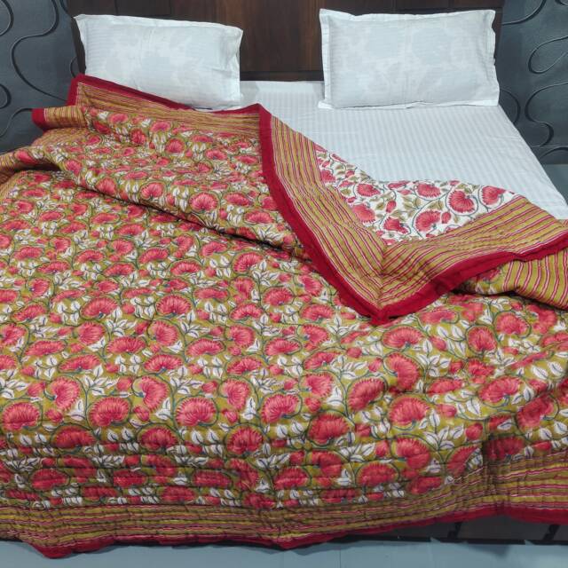 Red Floral Hand Block Print Quilt Reversible Kantha Stitched Cotton Bed Cover - image 1