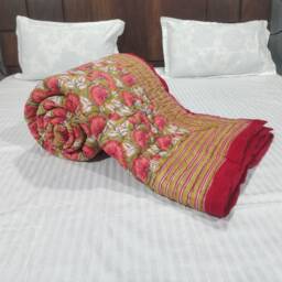 Red Floral Hand Block Print Quilt Reversible Kantha Stitched Cotton Bed Cover - thumbnail 2
