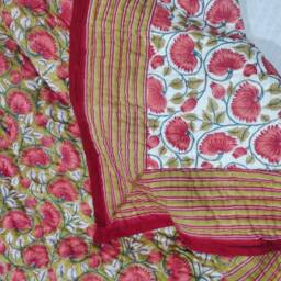 Red Floral Hand Block Print Quilt Reversible Kantha Stitched Cotton Bed Cover - thumbnail 3