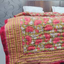 Red Floral Hand Block Print Quilt Reversible Kantha Stitched Cotton Bed Cover - thumbnail 4