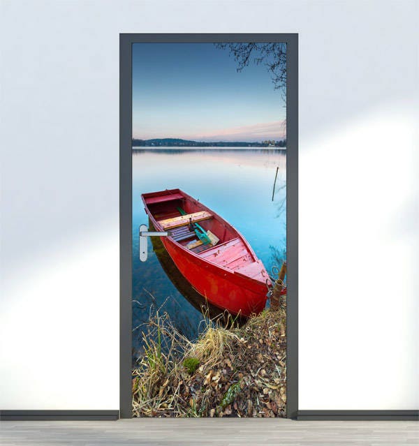 Red Boat On A Lake Wall Decal, Nature Sticker, Door Decor, Mural, Cover, Wrap Living Room Home Decor