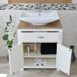 Bathroom Vanity Cabinet Painted White Unit - Oak Top Ceramic Basin 502Pcb016 - thumbnail 3