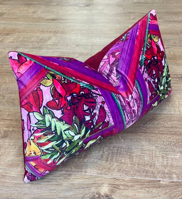 Geo Flower Velvet & Red Harris Tweed Oblong Cushion - image 1