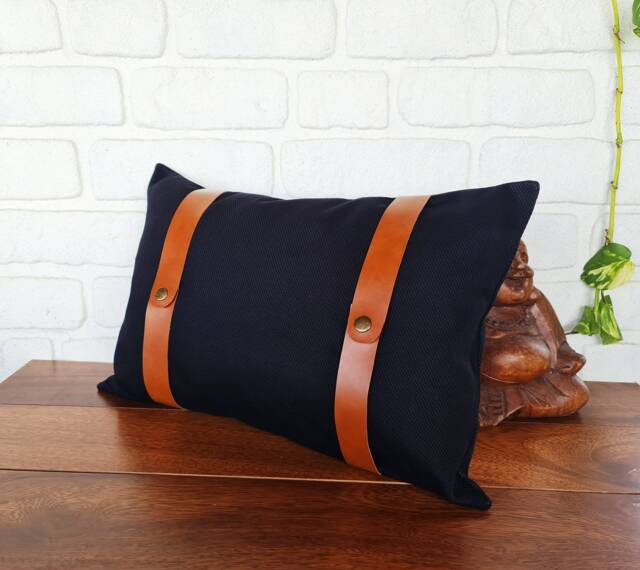Black Pillow Cover With Cognac Faux Leather Straps - image 1