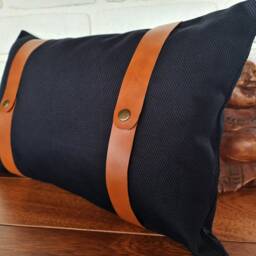 Black Pillow Cover With Cognac Faux Leather Straps - thumbnail 3