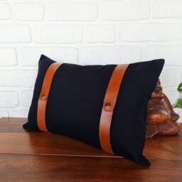 Black Pillow Cover With Cognac Faux Leather Straps - thumbnail 2