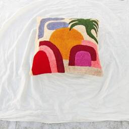 Handmade Crewel Embroidered Pillow Cover Boho Textured Cotton Cushion - 16x16 Inches - thumbnail 3