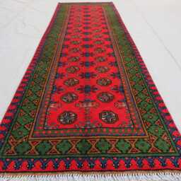 2'6x9'6 Ft Multicolor Runner Rug, Afghan Hand Knotted Veg Dyes Wool Rug, Green Blue Red, Turkmen Oriental Tribal Hallway - thumbnail 2