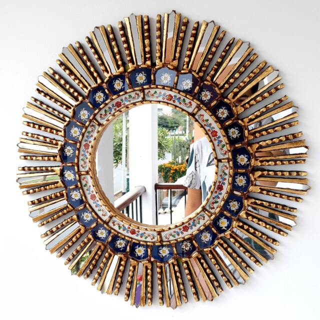 Peruvian Dark Blue Sunburst Mirror 60 cm Handmade Wall Decor - Carved Wood Round Statement For Living Room Bathroom - image 1