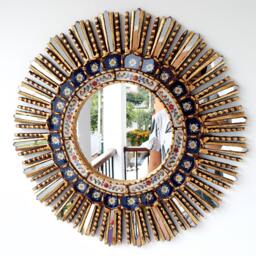 Peruvian Dark Blue Sunburst Mirror 60 cm Handmade Wall Decor - Carved Wood Round Statement For Living Room Bathroom