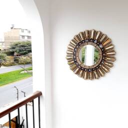 Peruvian Dark Blue Sunburst Mirror 60 cm Handmade Wall Decor - Carved Wood Round Statement For Living Room Bathroom - thumbnail 2