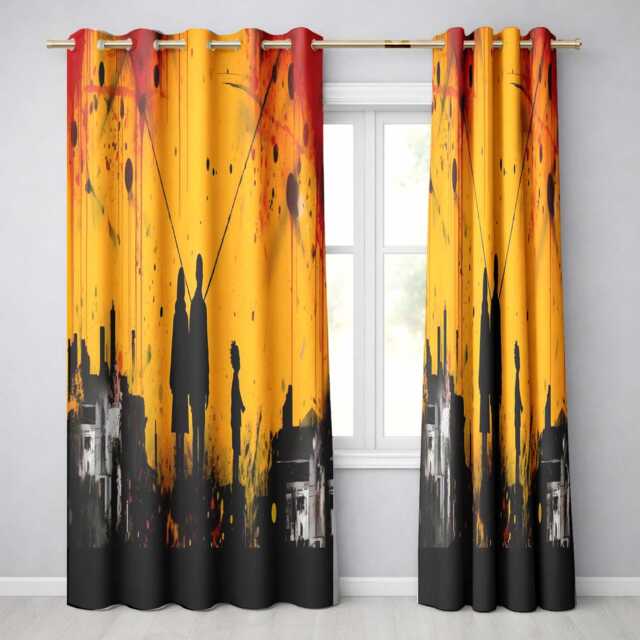 Family Silhouette Against Yellow Cityscape Striking Artwork For Living Room Decor Readymade Eyelet Ring Top Thermal 100% Blackout Curtains - image 1