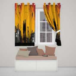 Family Silhouette Against Yellow Cityscape Striking Artwork For Living Room Decor Readymade Eyelet Ring Top Thermal 100% Blackout Curtains - thumbnail 2