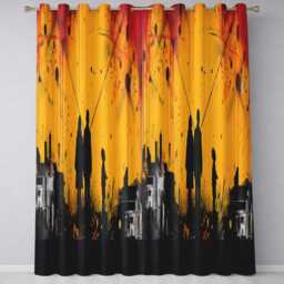 Family Silhouette Against Yellow Cityscape Striking Artwork For Living Room Decor Readymade Eyelet Ring Top Thermal 100% Blackout Curtains - thumbnail 3