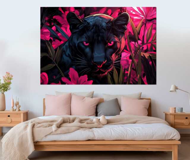 Black Panther Canvas Print, in Pink Flowers Poster, Animals Wall Art, Wild Cat Print - image 1