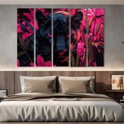 Black Panther Canvas Print, in Pink Flowers Poster, Animals Wall Art, Wild Cat Print - thumbnail 3