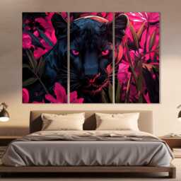 Black Panther Canvas Print, in Pink Flowers Poster, Animals Wall Art, Wild Cat Print - thumbnail 2