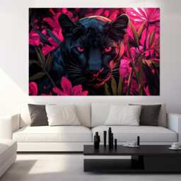 Black Panther Canvas Print, in Pink Flowers Poster, Animals Wall Art, Wild Cat Print - thumbnail 4