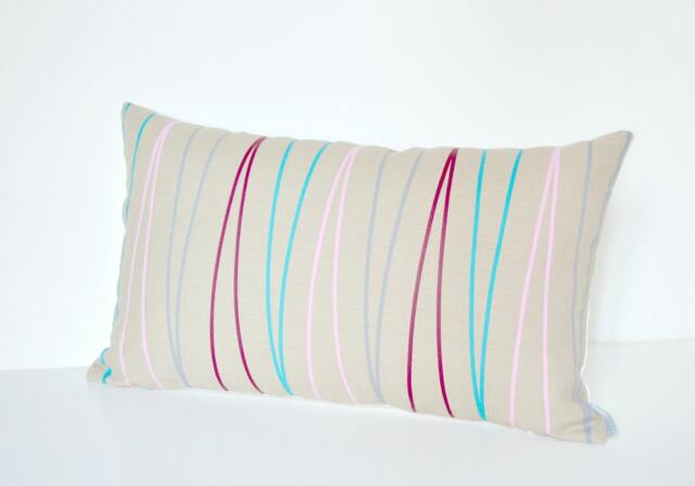 Geometric Linen Pillow Cover Beige With Colorful Stripes, 12x20 - image 1