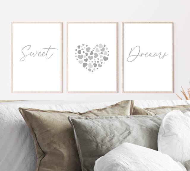 Bedroom Wall Art, Sweet Dream Prints, Grey Decor, Neutral Art Posters, Heart Set Of 3 Posters - image 1