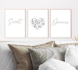 Bedroom Wall Art, Sweet Dream Prints, Grey Decor, Neutral Art Posters, Heart Set Of 3 Posters - thumbnail 1