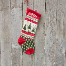 Hand Knit Christmas Stocking - Trees & Falling Snow Red, White, Green Made To Order Customizable - thumbnail 2