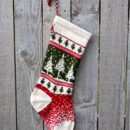 Hand Knit Christmas Stocking - Trees & Falling Snow Red, White, Green Made To Order Customizable - thumbnail 3