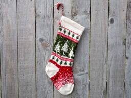 Hand Knit Christmas Stocking - Trees & Falling Snow Red, White, Green Made To Order Customizable