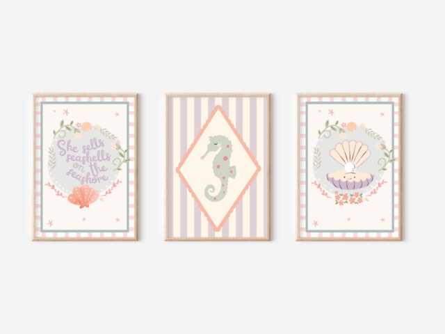 Bright Pastel Ocean & Shell Themed Prints For A Nursery, Little Girls Room Or Playroom. - Prints Only, Unframed - image 1