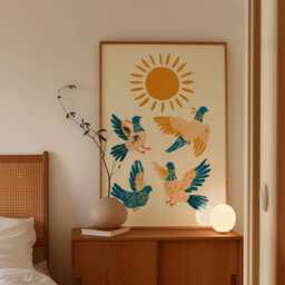 Blue Bird Folk Poster, Scandinavian Wall Art, Paper Print - thumbnail 2